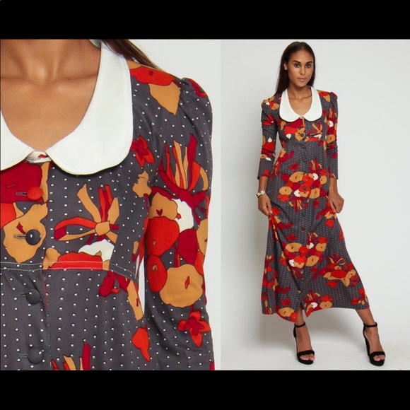 Vintage Dresses & Skirts - 70s Maxi Dress Boho Floral Print PUFF Sleeve 1970s Empire Waist Vintage small